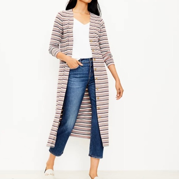 Loft Stripe Ribbed Button Down Long Sleeve Duster Cardigan Dress Size XXS - Picture 3 of 16